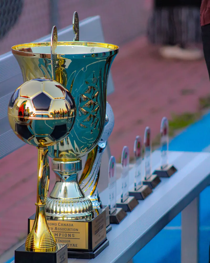 Row of sports winner trophies lined up for a school tournament — 3DSchool.eu